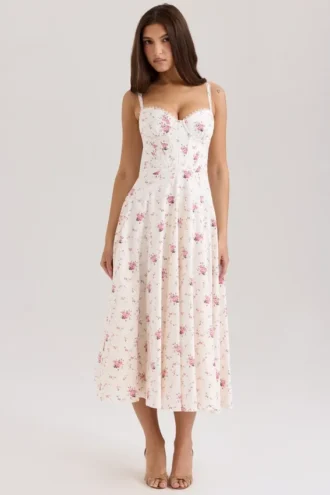 Steffani Weißes Midi-Sommerkleid aus Stretch-Baumwolle mit Rosenprint