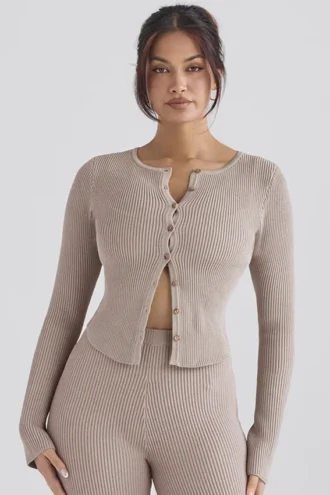 Sylvia Taupe Gerippte Strickjacke Sylvia Taupe Gerippte Strickjacke