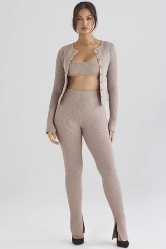 Sylvia Taupe Gerippte Strickjacke Sylvia Taupe Gerippte Strickjacke