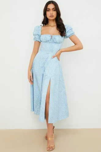 Tallulah Blau-Elfenbein-Midi-Kleid mit Puffärmeln und Blumenmuster
