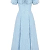 Tallulah Blau-Elfenbein-Midi-Kleid mit Puffärmeln und Blumenmuster Tallulah Blau-Elfenbein-Midi-Kleid mit Puffärmeln und Blumenmuster