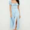 Tallulah Blau-Elfenbein-Midi-Kleid mit Puffärmeln und Blumenmuster Tallulah Blau-Elfenbein-Midi-Kleid mit Puffärmeln und Blumenmuster