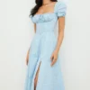 Tallulah Blau-Elfenbein-Midi-Kleid mit Puffärmeln und Blumenmuster Tallulah Blau-Elfenbein-Midi-Kleid mit Puffärmeln und Blumenmuster