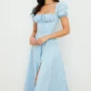 Tallulah Blau-Elfenbein-Midi-Kleid mit Puffärmeln und Blumenmuster Tallulah Blau-Elfenbein-Midi-Kleid mit Puffärmeln und Blumenmuster