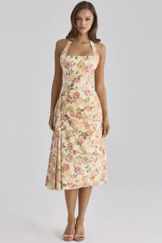 Tallulah Midi-Kleid aus Baumwolle mit Halterneck und Warm-Rose-Print