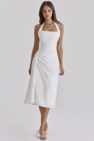 Tallulah – Weißes Midi-Kleid aus Baumwolle mit Neckholder