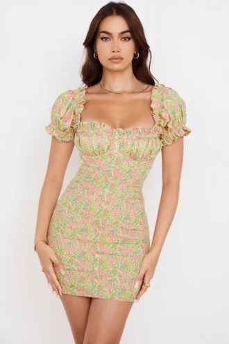 Tanaya Vintage-Mini-Kleid mit Blumenmuster und Puffärmeln