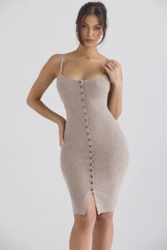 Teva Beige Kaschmir-Strick-Midi-Kleid