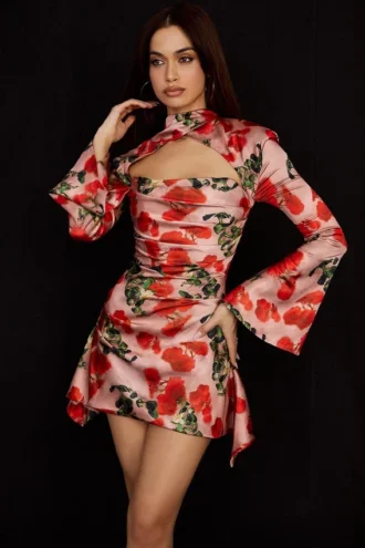 Toira Rose Print Drapiertes Korsetts-Kleid