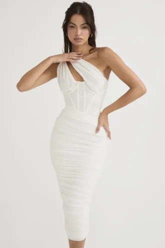Valentina Elfenbeinfarbenes Midi-Kleid mit asymmetrischem Ausschnitt
