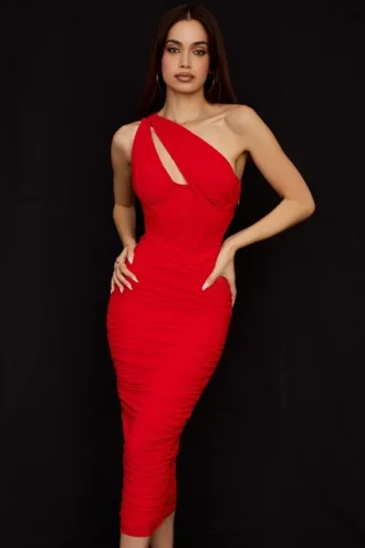 Valentina Scarlet Midi-Kleid mit asymmetrischem Ausschnitt