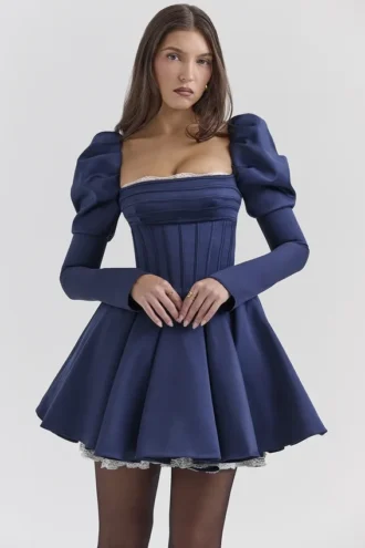 Venetia Midnight Satin-Mini-Kleid mit Puffärmeln
