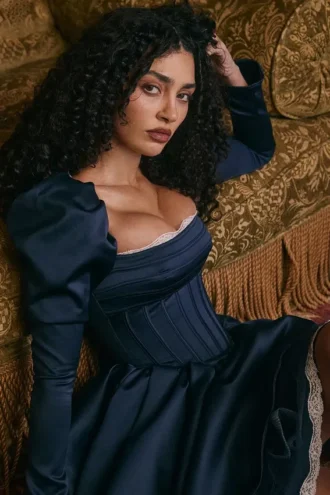 Venetia Midnight Satin-Mini-Kleid mit Puffärmeln