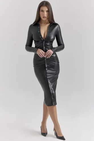 Viola – Langärmliges Midikleid aus schwarzem veganem Leder