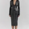 Viola – Langärmliges Midikleid aus schwarzem veganem Leder Viola – Langärmliges Midikleid aus schwarzem veganem Leder