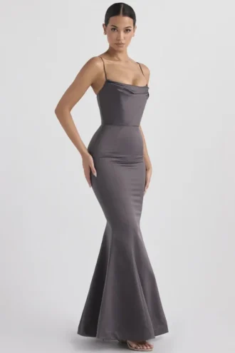 Violette Shadow Satin Fishtail Abendkleid