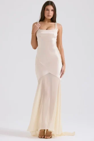 Vittoria Champagnerfarbenes bodenlanges Chiffon-Abendkleid