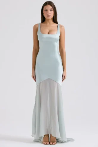 Vittoria Pistachio Chiffon-Bodenlanges Abendkleid