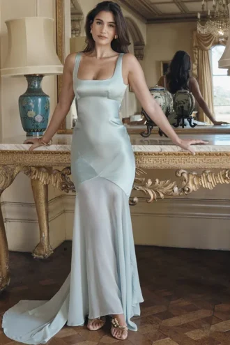 Vittoria Pistachio Chiffon-Bodenlanges Abendkleid