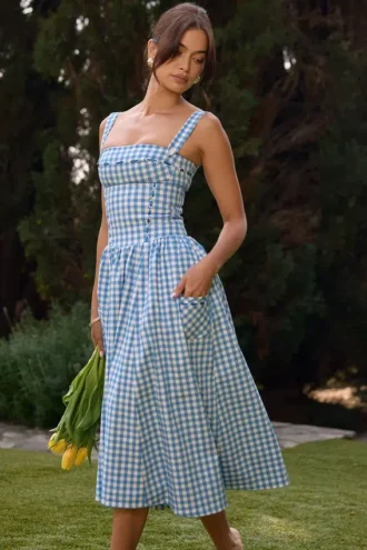 Vivien Regatta Blue Gingham Midi-Sommerkleid
