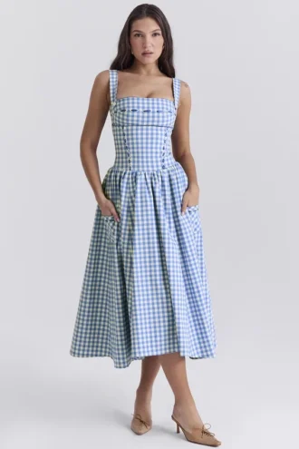 Vivien Regatta Blue Gingham Midi-Sommerkleid