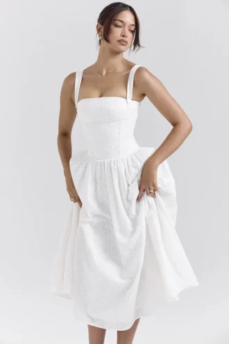 Vivien Weißes Midi-Sommerkleid mit Broderie Anglaise