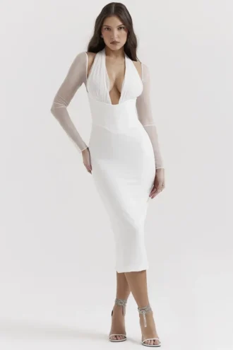 Weißes Midi-Kleid „Yasmin“ mit tiefem Ausschnitt