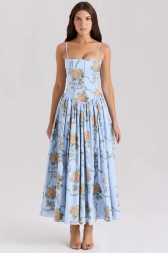 Ysabella Blaues Midi-Sommerkleid aus Baumwolle mit Vintage-Rosenprint