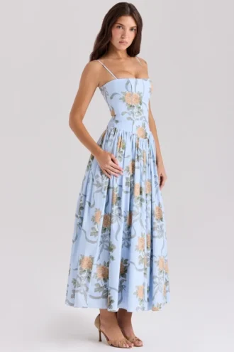 Ysabella Blaues Midi-Sommerkleid aus Baumwolle mit Vintage-Rosenprint