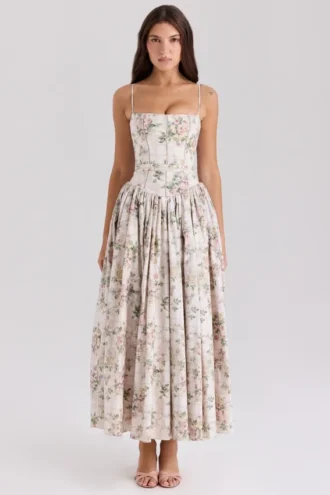Ysabella Cremefarbenes Midi-Sommerkleid aus Baumwolle mit Blumenprint