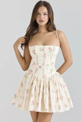 Ysabella Cremefarbenes Sommerkleid aus Stretch-Baumwolle mit Rosenprint