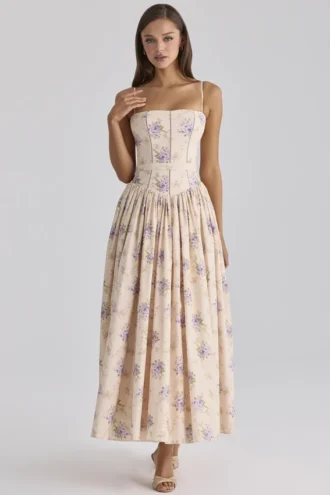 Ysabella Elfenbein Midi-Sommerkleid aus Baumwolle mit süßem Pfingstrosen-Blumenprint