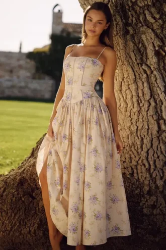 Ysabella Elfenbein Midi-Sommerkleid aus Baumwolle mit süßem Pfingstrosen-Blumenprint