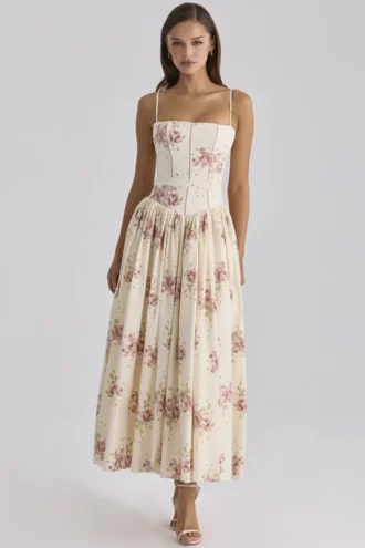 Ysabella Elfenbeinfarbenes Midi-Sommerkleid aus Baumwolle mit Vintage-Rosenprint