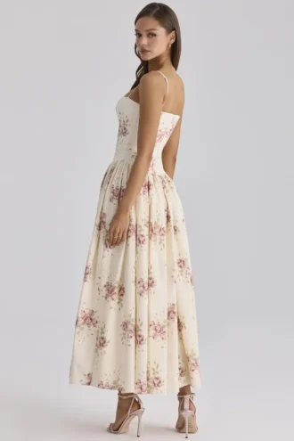 Ysabella Elfenbeinfarbenes Midi-Sommerkleid aus Baumwolle mit Vintage-Rosenprint