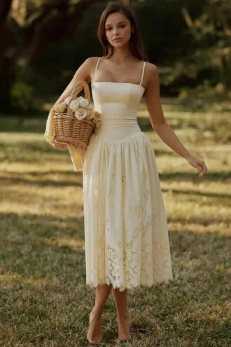 Ysabella Lemon Maßgefertigtes Midi-Sommerkleid aus Spitze + Broderie Anglaise