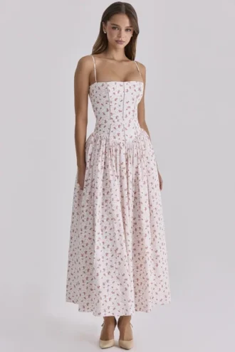 Ysabella Midi-Sommerkleid aus Baumwolle mit weißem Rosenprint