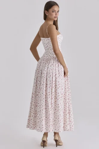 Ysabella Midi-Sommerkleid aus Baumwolle mit weißem Rosenprint