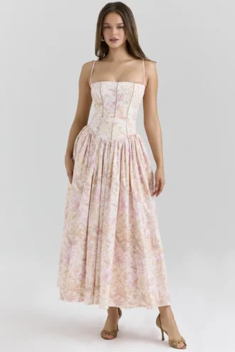 Ysabella Midi-Sommerkleid aus Stretch-Baumwolle mit Pfirsichfarbenem Blumenprint