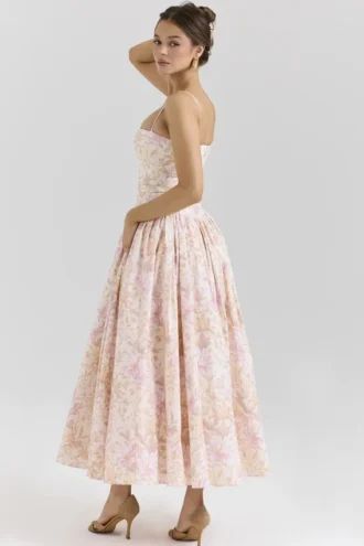 Ysabella Midi-Sommerkleid aus Stretch-Baumwolle mit Pfirsichfarbenem Blumenprint