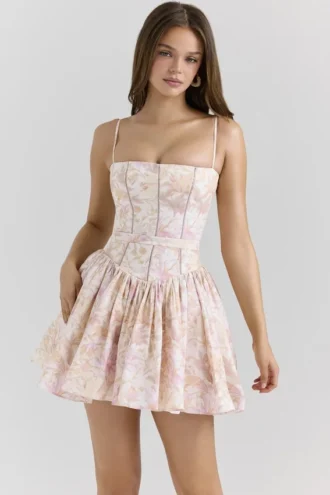 Ysabella Mini-Sommerkleid aus Stretch-Baumwolle mit Pfirsichblütenmuster