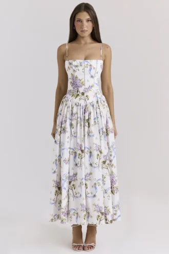 Ysabella Off-White Vintage-Midi-Sommerkleid aus Baumwolle mit Schleifenprint