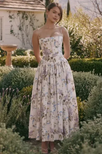 Ysabella Off-White Vintage-Midi-Sommerkleid aus Baumwolle mit Schleifenprint