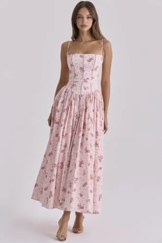 Ysabella Rosa Vintage-Rosenmuster Baumwoll-Midi-Sommerkleid