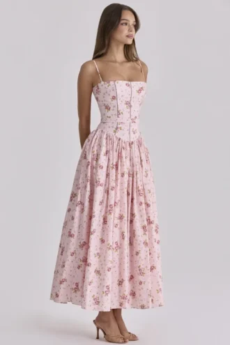 Ysabella Rosa Vintage-Rosenmuster Baumwoll-Midi-Sommerkleid