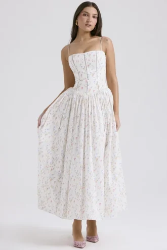 Ysabella Weißes Baumwoll-Sommerkleid mit Blumenprint